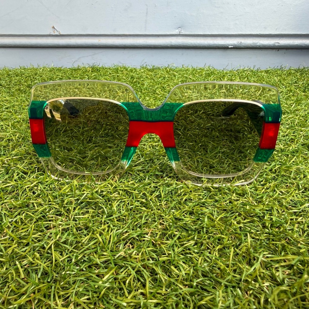 Gucci GG0178S 001 Oversized Square Sunglasses Green Red Web Stripe Italy